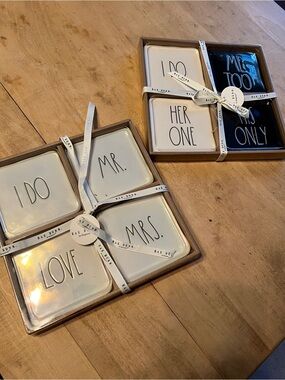 Rae Dunn Ivory and Black Ceramic Square Coaster Sets - Wedding Words
